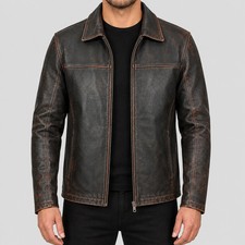 Men’s Motorcycle Biker Vintage Cafe Racer Distressed Black Real Leather Jacket picture