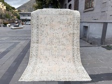 Ivory Oushak Rug 6.2x9.5 ft Vintage Turkish Wool Distressed Floral Carpet picture