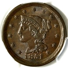 🟤🌚🧱🪨🤎PCGS MS63 BN 1851 BRAIDED HAIR LARGE CENT picture