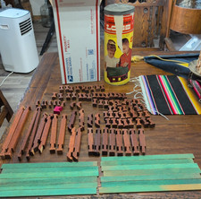 Vintage American Logs  Wood Building Blocks Canister & Lid Halsam, 100 Pieces picture