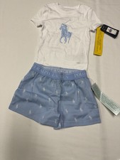 NWT Polo Ralph Lauren Girl’s Cotton Tee & Flannel Short Logo Sleep Set Sz  5-6 picture