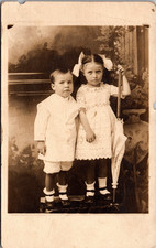Postcard Real Photo RPPC Young Children Holding Umbrella Studio Photo picture