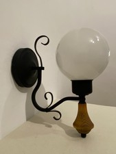 Vintage 1970s Opal Glass Globe Wall Sconce Black Metal Wood MCM Light Lamp picture