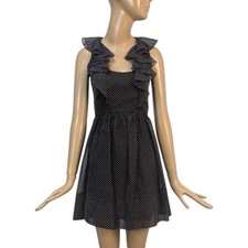Vintage Rodrigues 60s Mod Brown Polka Dot Ruffle Neck A-Line Mini Dress picture