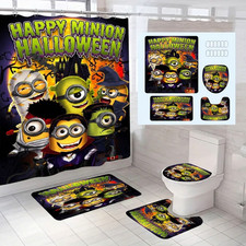 Happy Minion Halloween Shower Curtain Set Spooky Monster Bath Mat Toilet Decor picture