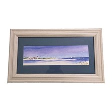 Framed Watercolor Coastal Nautical Seascape with Lighthouse Sailboats Landscape picture