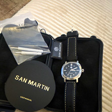 San Martin Automatic 40mm Black Dial Steel Case Leather Strap Box Manual picture