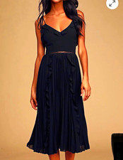 Lulus Black Chiffon Pleated Ruffle Midi Dress V-Neck Strappy Zip Size M picture