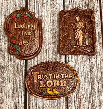 Vintage  - Jesus Religious Mini Wall Plaques Faux Wood Plaster Chalkware 1950's picture