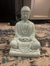 Buddha Statue Ceramic Teal Turquoise Beige Crackle Glazed Seated 7