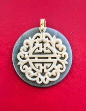 Rare Ming's Hawaii 14K Carved Jade Pendant Chinese Shou Symbol  picture