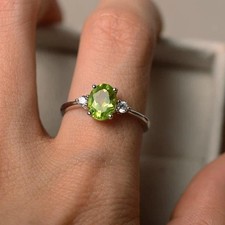 1.71 Ct Oval Cut Natural Peridot & Diamond Wedding Ring 14K White Gold picture