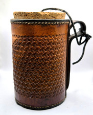 Vintage Hand Tooled Leather Vessel Canteen Jar with Cork Stopper – Signed/Marked picture