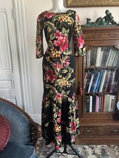 Vintage 1950s Style Vamp Black Hawaiian Fishtail Maxi Dress Floral Barkcloth picture