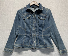 White House Black Market Peplum Jacket Womens S Blue Denim Collared Button Front picture