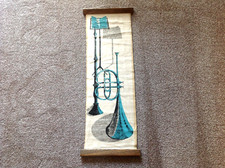 Vtg TOM TRU?? Silkscreen Scroll Tapestry MCM Wall Art Linen Music picture