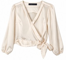 Abercrombie & Fitch Women’s M Ivory Satin Wrap Blouse Puff Sleeve Tie Waist picture