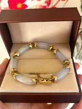 Stunning Ming’s of Honolulu 14K Gold White Jade Link Bracelet 34.74g Signed picture