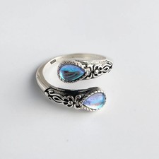 Women’s Blue Stone Geometric Adjustable Ring Vintage Fashion Jewelry Gift picture