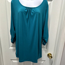 Women’s Susan Graver Teal Solid Scoop Neck Ruched 3/4 Sleeve Knit Blouse S picture