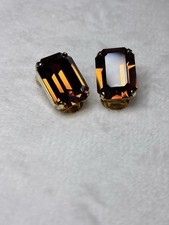 Vintage Signed Schreiner NY Topaz Amber Emerald Cut Glass Crystal Clip Earring picture