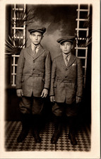 Postcard Real Photo RPPC Brothers Posing in Identical Outfits Wearing Caps picture