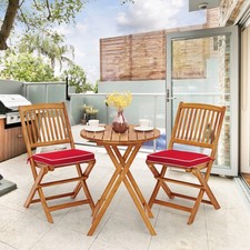 3PCS Folding Acacia Wood Bistro Set Patio Conversation Set w/ Red Cushions picture