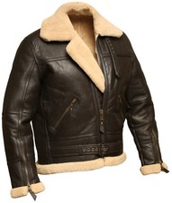 Mens B3 RAF Aviator Brown Bomber Real Shearling Sheepskin Leather Flight Jacket picture