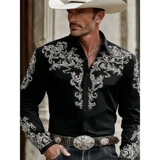 Men's Vintage Western Cowboy Shirt 3D Print Long Sleeve Floral Retro Casual Top picture