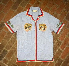 XXL-Gucci Men's M Light Blue Cotton Woven Short Sleeve Tiger Embroidered Shirt picture