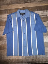 Nat Nast Shirt Mens L Blue Silk Short Sleeve Camp Loop Collar Button Up Striped picture