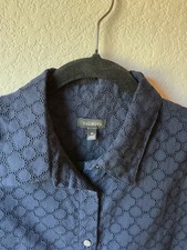 Talbots Womens M Navy Blue Eyelet Button Up Shirt 100% Cotton Long Sleeve Top picture