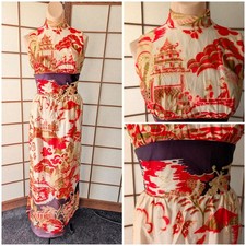 Vintage 50s 60s Hostess Gown Tunic Dress w/ pants Asian Print High Side Slits XS picture