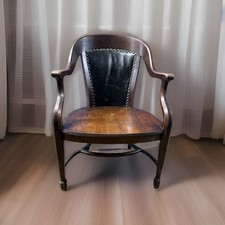 Antique Doten-Dunton Bankers Desk Chair Leather Wood Barrel Back Office Armchair picture