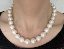 Huge 12-15mm White South Sea Pearl Necklace 14K Gold Diamond Clasp 18.5