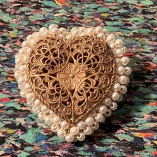 Vintage Signed Miriam Haskell Pearl Heart Brooch Pin Filigree Frank Hess Style picture