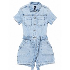 Gap Womens Light Wash Denim Short Sleeve Button Front Belted Romper Size 2 picture