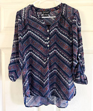 About a Girl Womens XS Blue Chevron Chiffon Semi-Sheer V-Neck 3/4 Blouse picture