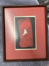 Original Kaoru Kawano Woodblock Art Girl and Bird Japan 1950s picture