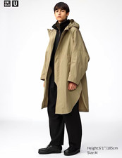 Uniqlo U Unisex Long Hooded Parka Coat L Beige Zip Lightweight Oversized picture