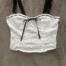 Thirty/Thirty Women’s Lace Corset Top White/Black Solid Bow Accent XS picture
