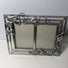 VTG Ornate Scroll Ivy Leaf Silver Metal Double Picture Frame Tabletop Landscape picture