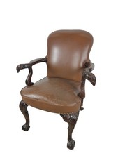 Vintage Maitland-Smith Carved Wood Brown Leather Armchair Claw Feet picture