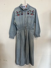 Vintage 90s Embroidered Floral Denim Maxi Dress L Button Front Western Boho picture
