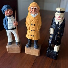 Vintage Hand-Carved Trio Of Old Sailors Wooden Figurines, Nautical Old Salty picture
