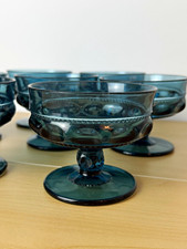Set of 7 Vintage Indiana Glass King’s Crown Blue Thumbprint Pedestal Bowls picture