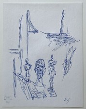 Vintage French Expressionist Blue Ink Drawing Mid Century Modern Figures Study picture