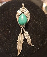 VINTAGE NAVAJO Sterling Silver Malachite Dangle Feather Pendant 3 inch  Signed R picture