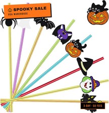24pcs Halloween Reusable Straws, Pumpkin Ghost Bat Party Favors, 2 Brushes picture