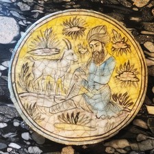 Fine 19th Century Qajar Period Iznik Saint with Goat Circular Tile picture